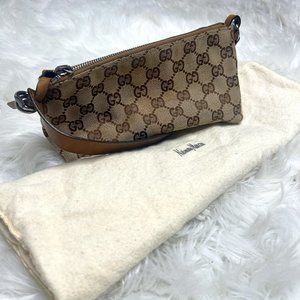 GUCCI GG Canvas Leather Hand Bag Pouch Beige Brown